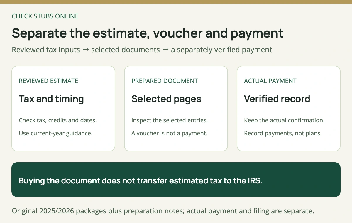 Establish an estimate, prepare the relevant 1040-ES voucher or worksheet, and separately make and verify the actual tax payment.