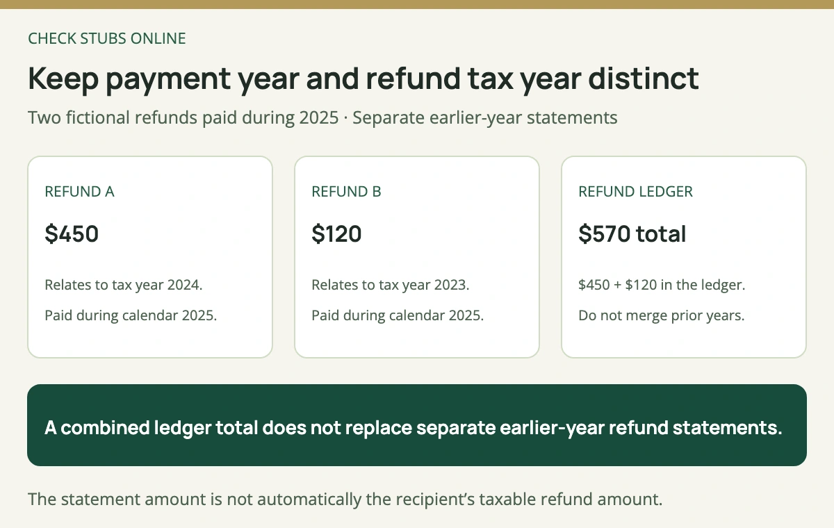 Two refunds paid in 2025 relate to separate tax years: 450 dollars for 2024 and 120 dollars for 2023; their 570 dollar ledger total does not merge the required year-specific statements.
