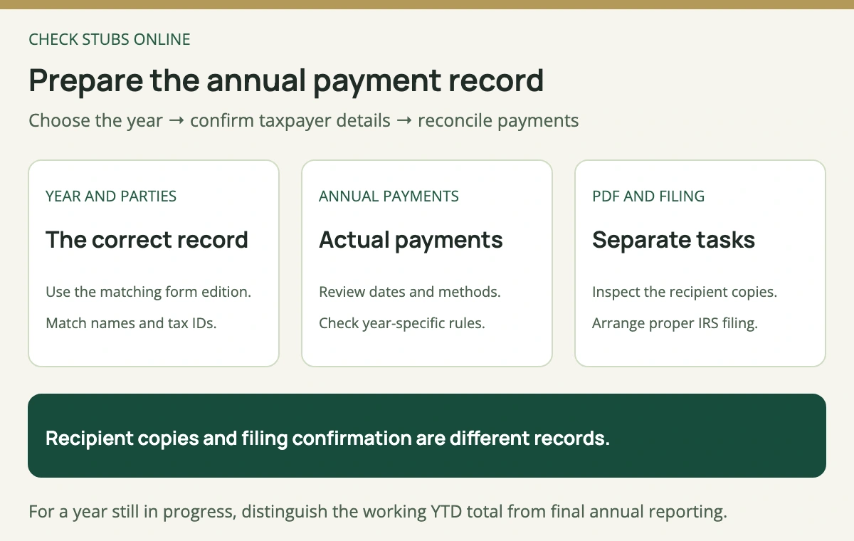 Prepare a 1099-NEC by checking the reporting year, reconciling actual annual payments and taxpayer details, then reviewing recipient copies and arranging separate IRS filing.