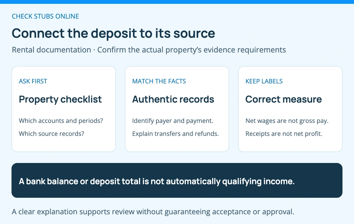 Confirm the rental property’s evidence requirements, connect genuine statement deposits to source records, and explain their categories without treating every credit as income.