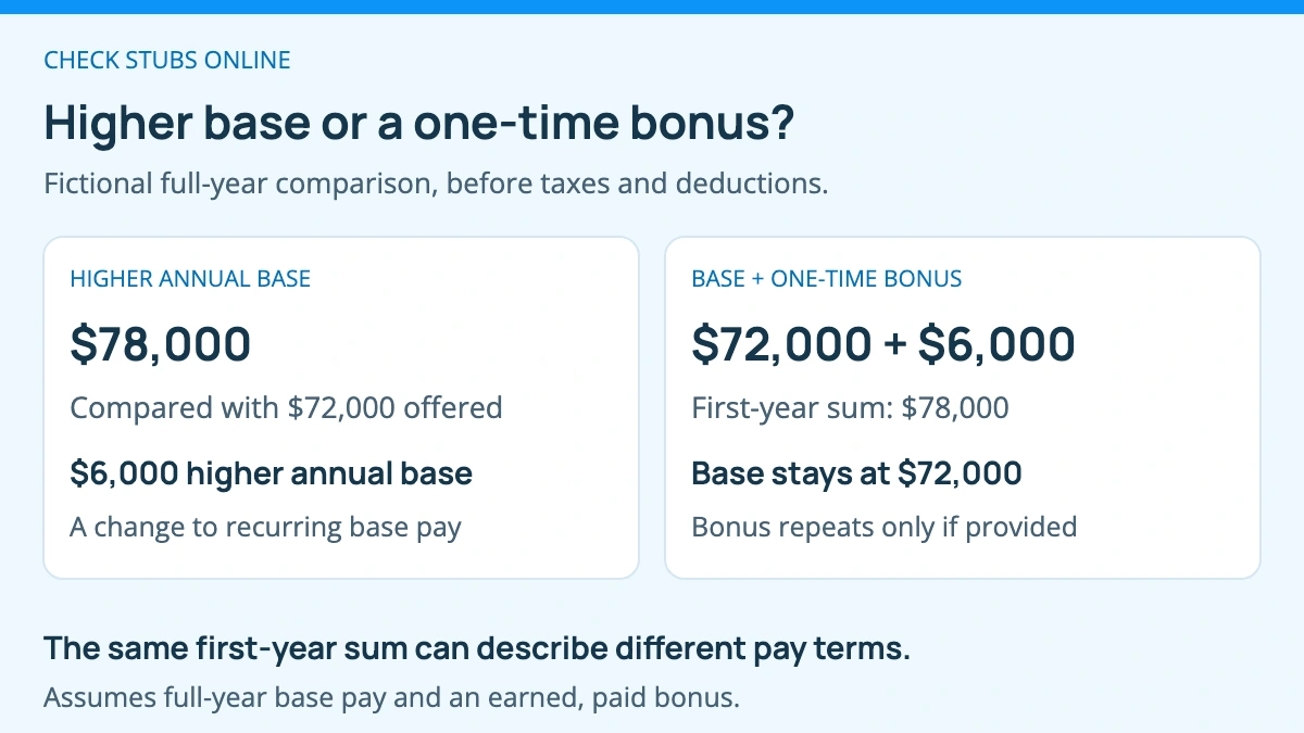 Fictional full-year comparison: a $78,000 annual base salary differs from a $72,000 base plus a $6,000 one-time bonus, even though each totals $78,000 before taxes in the illustrated first year.