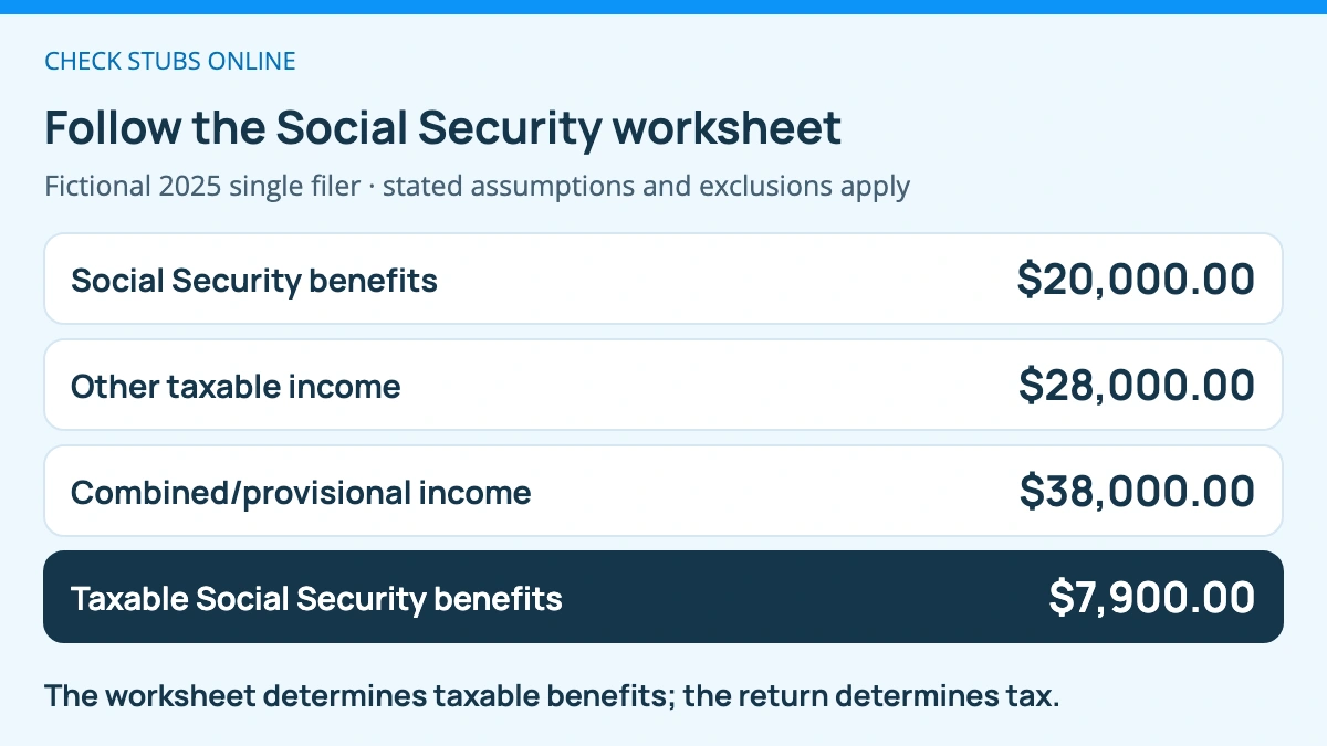 Fictional 2025 single-filer Social Security example: $20,000 benefits and $28,000 other taxable interest produce $38,000 combined income; the worksheet gives $7,900 taxable benefits, rather than automatically taxing 85% of the benefits.