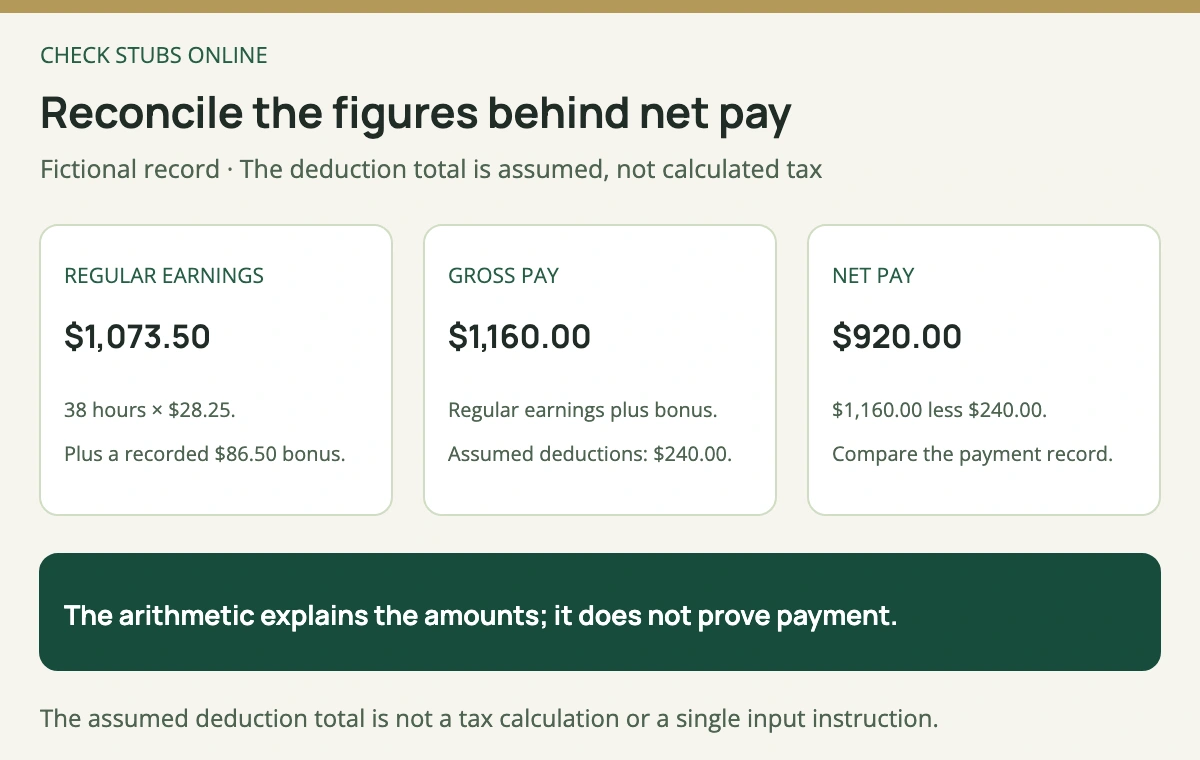 A fictional payroll reconciliation combines 1,073 dollars 50 cents regular earnings and an 86 dollar 50 cent bonus into 1,160 dollars gross, then subtracts assumed 240 dollar deductions to leave 920 dollars net.