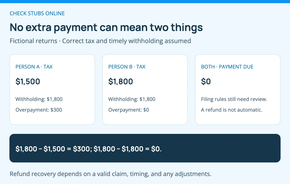 Person A has 1500 dollars of assumed tax and 1800 dollars withheld, leaving 300 dollars overpaid. Person B has 1800 dollars of tax and withholding, leaving zero difference. Neither additional balance determines the filing requirement.