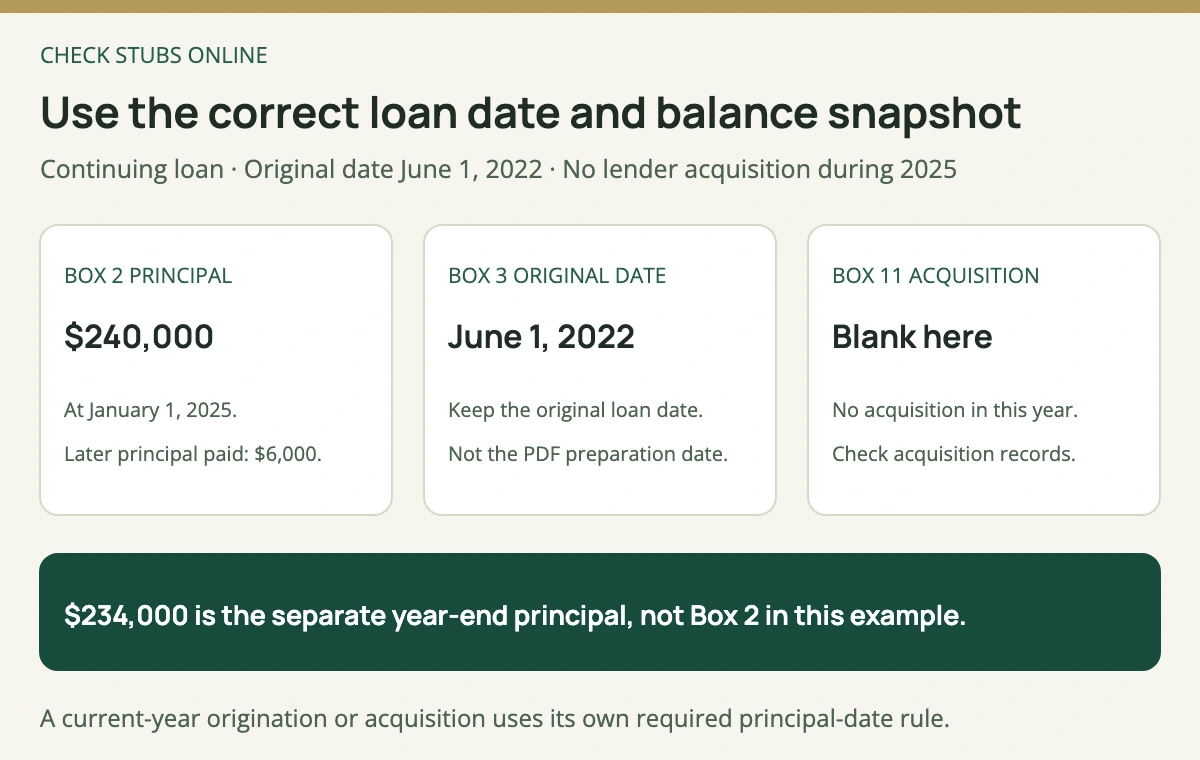For the continuing 2025 loan, Box 2 uses the January 1 principal, Box 3 keeps the original June 1, 2022 date, and Box 11 remains blank because there was no 2025 acquisition by this lender.
