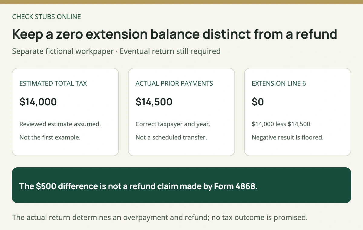 In a separate fictional zero-balance example, 14000 dollars estimated tax minus 14500 dollars prior payments is negative 500 dollars, so Line 6 is zero; the actual return determines any refund.