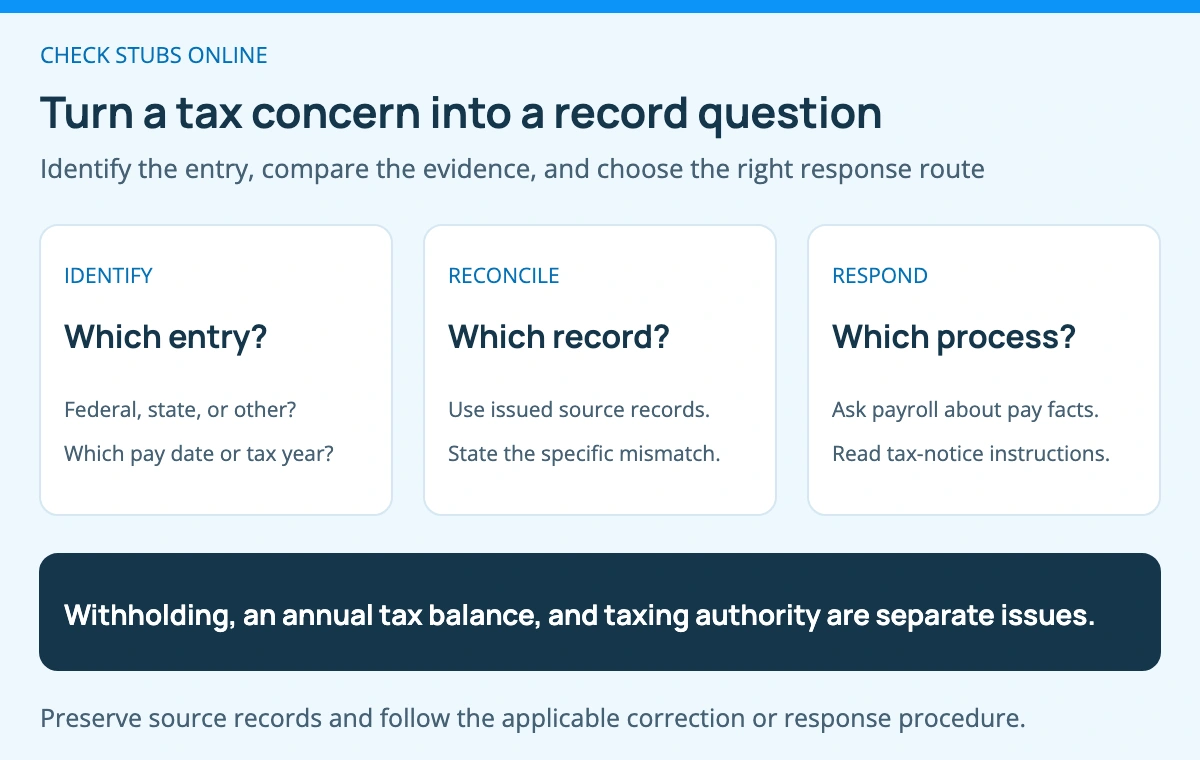For a paycheck question, identify the exact entry, match it to the issuer’s supporting record, and use the correct employer or tax-agency response process. Do not infer individual liability from the authority map.