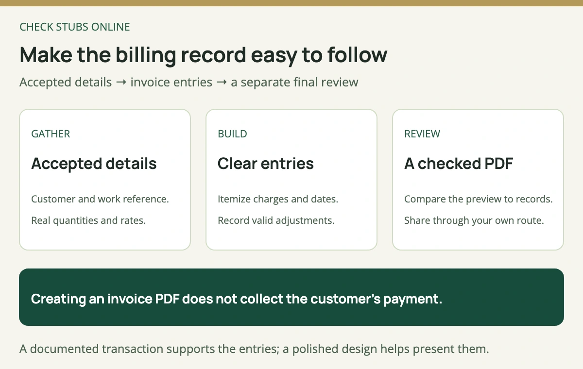 A three-stage invoice workflow: gather accepted billing records, enter the invoice details and itemized charges, then inspect the PDF and share it through your chosen route.
