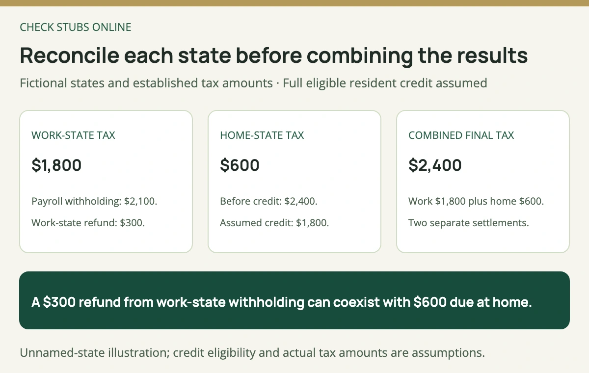 Fictional state tax reconciliation: 2100 dollars work-state withholding produces a 300 dollar refund against 1800 dollars liability, while a separately assumed resident credit leaves 600 dollars due at home. Combined final tax is 2400 dollars.