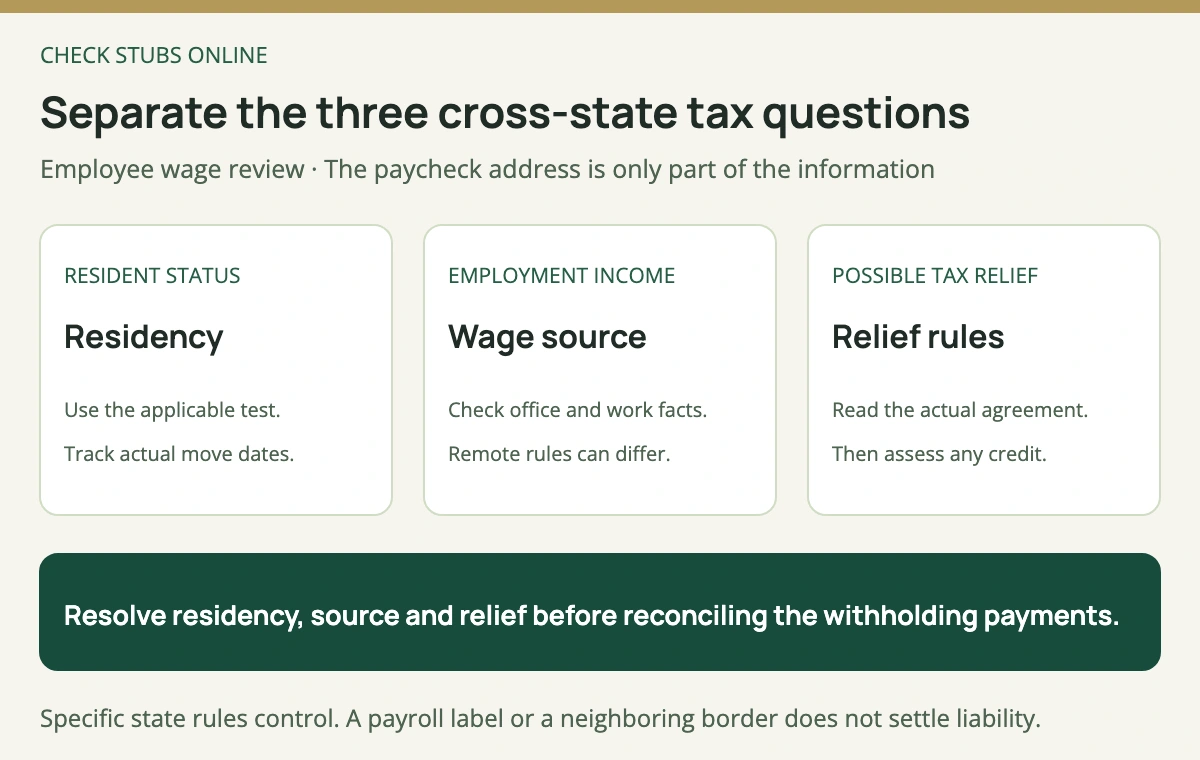Three questions for cross-state employee income: establish tax residency, determine wage sourcing including applicable remote-work rules, and check an actual reciprocal agreement or resident credit before reconciling withholding.