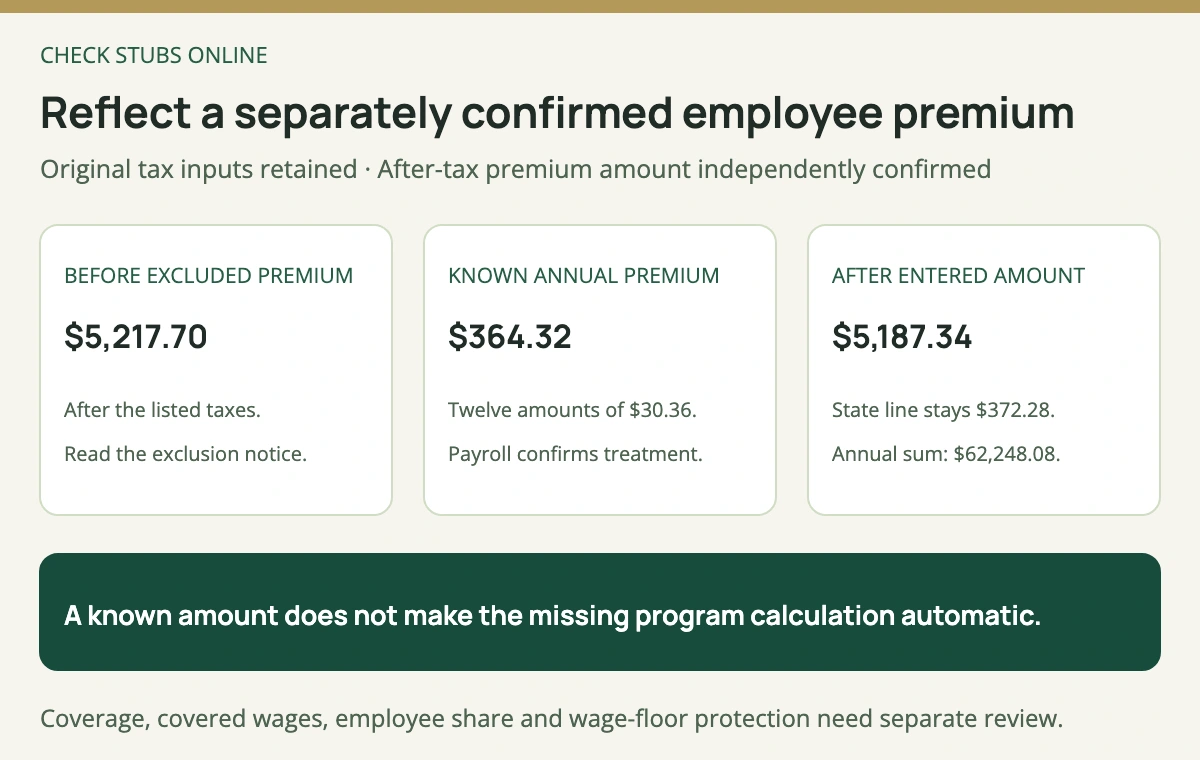 The original Minnesota result before an excluded premium is 5217 dollars 70 cents monthly; a separately confirmed 364 dollar 32 cent annual after-tax premium averages 30 dollars 36 cents monthly, leaving 5187 dollars 34 cents after entered deductions.