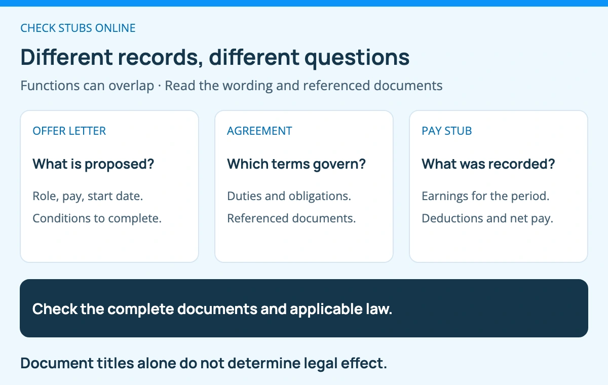 Three employment records answer different questions: an offer presents proposed job terms, an agreement describes terms intended to govern the relationship, and a pay stub records a particular payroll period. Their functions can overlap and legal effect requires the actual terms and applicable law.