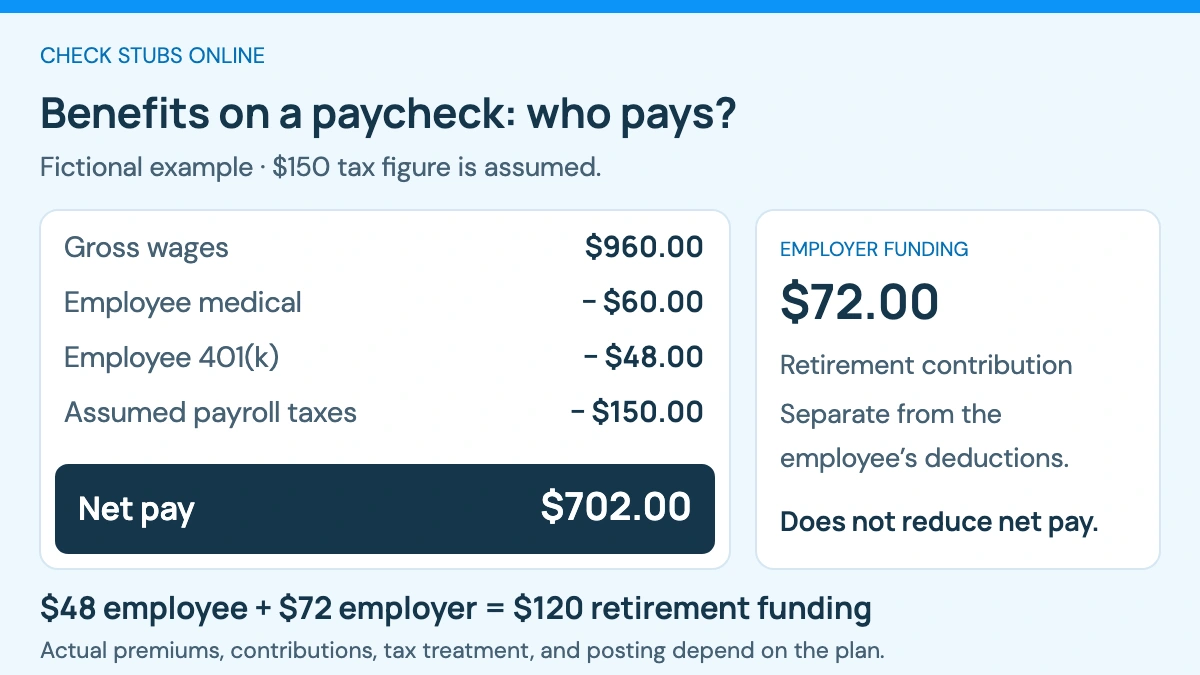 Fictional paycheck: $960.00 gross minus $60.00 medical, $48.00 employee 401(k), and $150.00 assumed taxes equals $702.00 net pay. A separate $72.00 employer retirement contribution does not reduce net pay.
