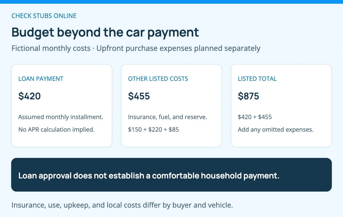 In the fictional budget, the loan payment is 420 dollars and other listed monthly costs total 455 dollars, making 875 dollars overall. These are assumptions, not approval or affordability standards.