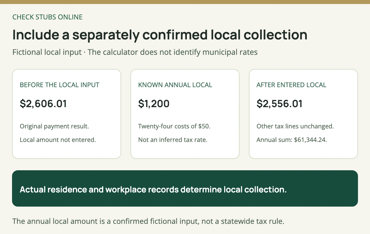 A separately confirmed 1200 dollar annual local amount is divided into 24 deductions of 50 dollars, taking the Pennsylvania example from 2606 dollars 1 cent to 2556 dollars 1 cent.