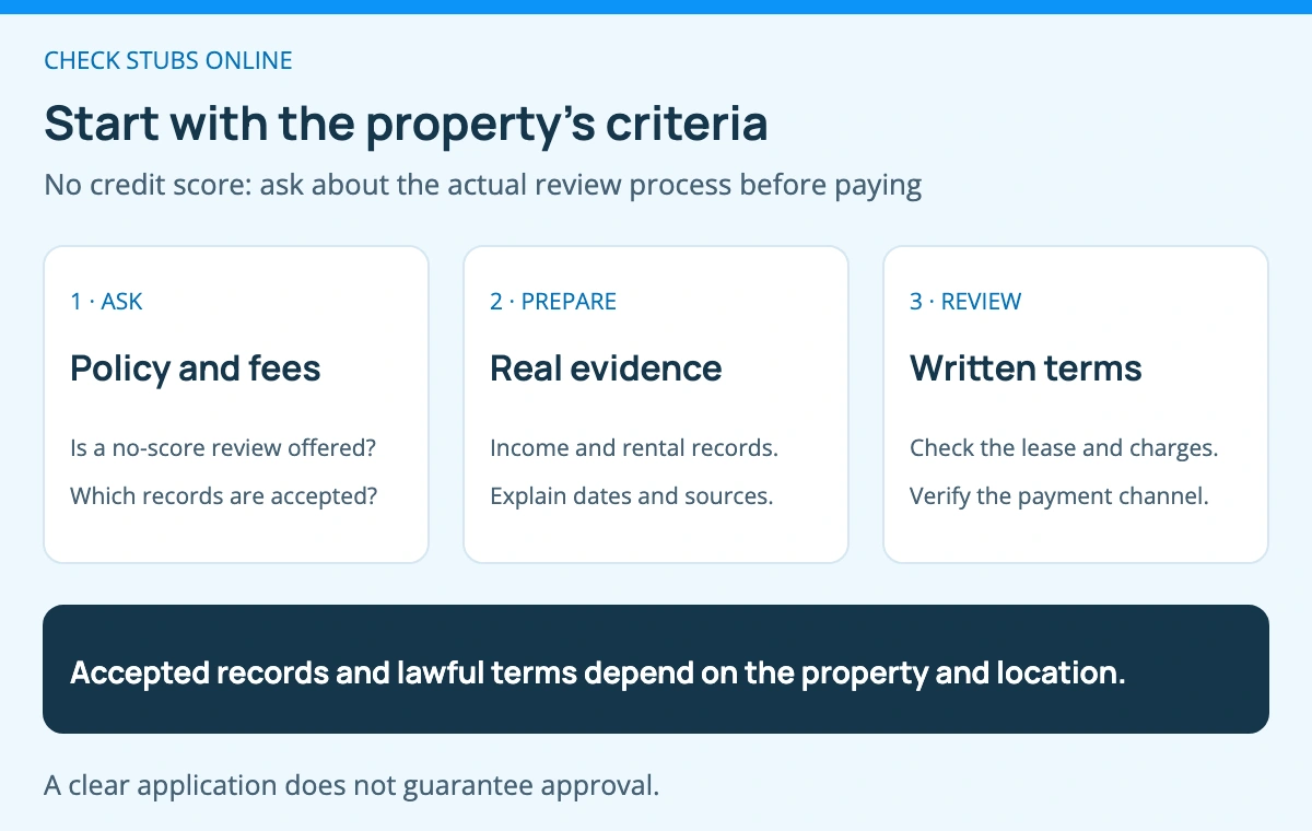 First confirm the no-score policy and fees, then assemble records the property accepts, and finally review the lease and payment terms. None of these steps guarantees approval.