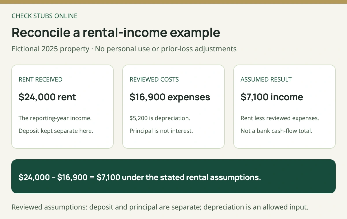 The fictional rental case has 24,000 dollars rent, 16,900 dollars reviewed expenses and a 7,100 dollar result. The assumed returnable deposit and mortgage principal are treated separately.
