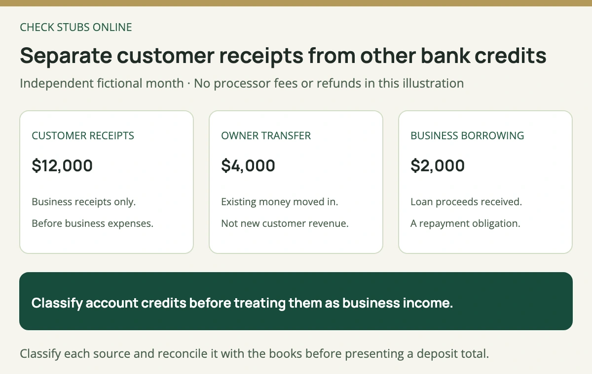 Fictional business bank credits consist of 12000 dollars customer receipts, 4000 dollars owner transfer and 2000 dollars borrowing. The 18000 dollar total is not all business revenue or personal qualifying income.