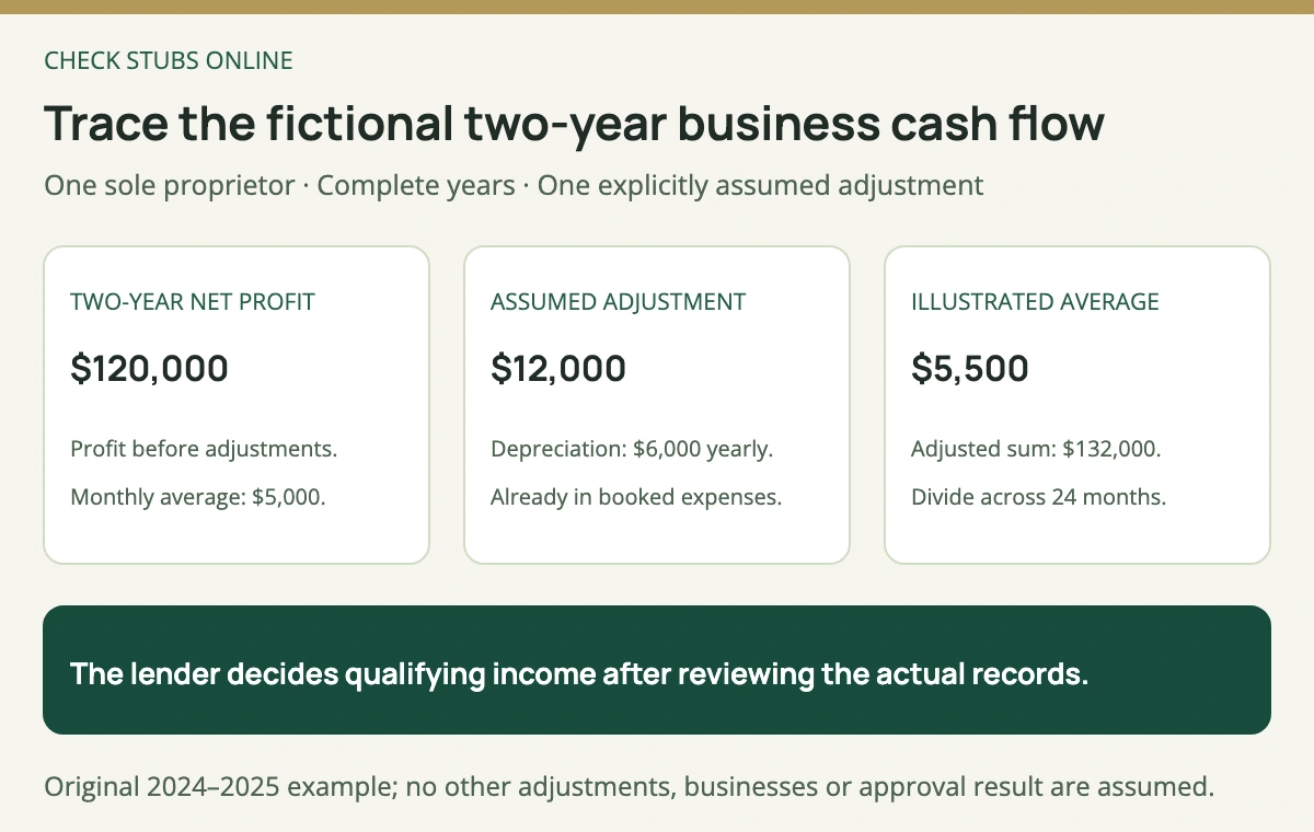 Fictional sole-proprietor example: combined two-year profit of 120000 dollars averages 5000 dollars monthly; a separately assumed accepted depreciation adjustment of 12000 dollars produces a 5500 dollar monthly illustration, not a lender approval.