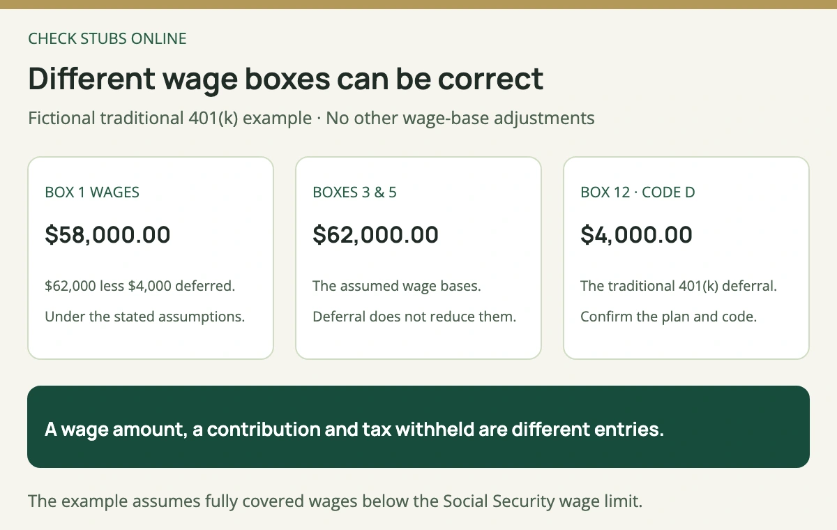 In a fictional traditional pre-tax 401k example with 62,000 dollars gross and 4,000 dollars deferred, Box 1 is 58,000 dollars, Boxes 3 and 5 are each 62,000 dollars, and Box 12 code D is 4,000 dollars.