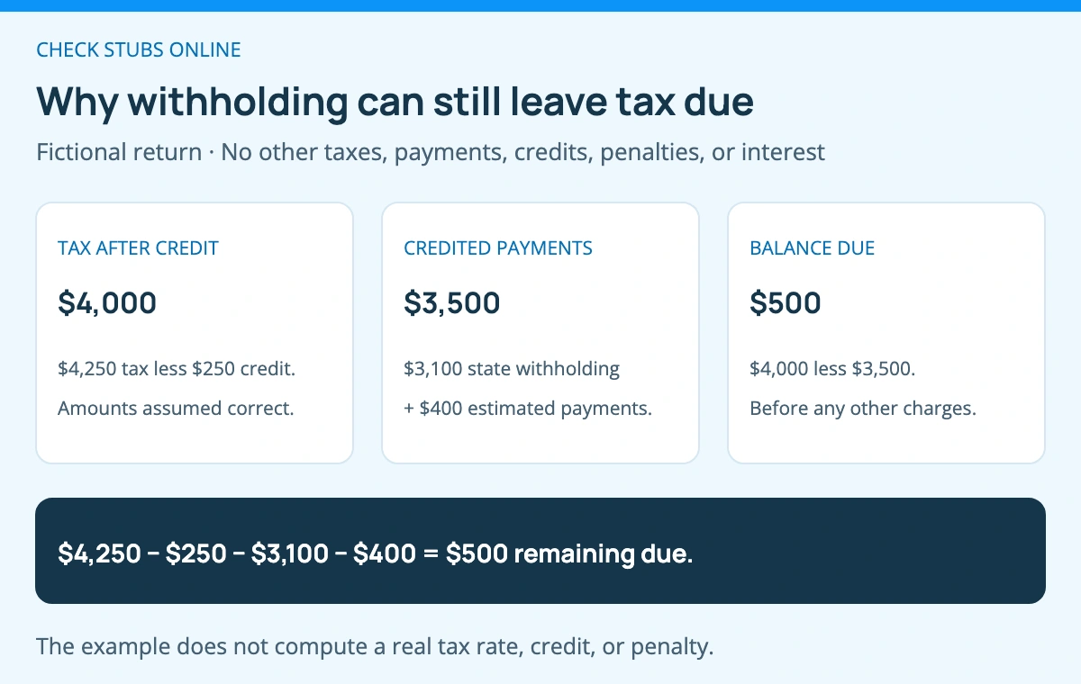 Fictional tax after a 250 dollar nonrefundable credit is 4000 dollars. State withholding of 3100 dollars plus estimates of 400 dollars total 3500 dollars, leaving 500 dollars due before any other adjustments or charges.