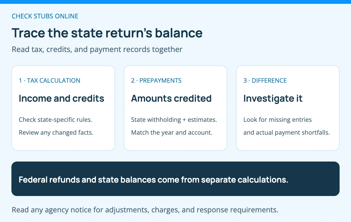 Review the state tax calculation, reconcile withholding and estimated payments, and investigate the remaining balance with source records. A balance can reflect payment timing, missing entries, or a tax calculation change.